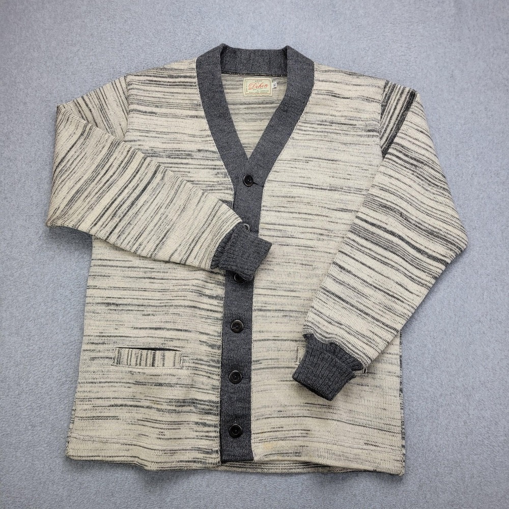 Dehen 1920 Knitting Co Sweater Mens XL Gray Beige Wool Striped Cardigan Made USA - Picture 2 of 16